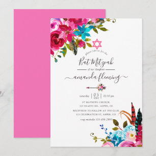 Convite Batem de Mitzvah Floral Boho Chic com Aquarela Ros