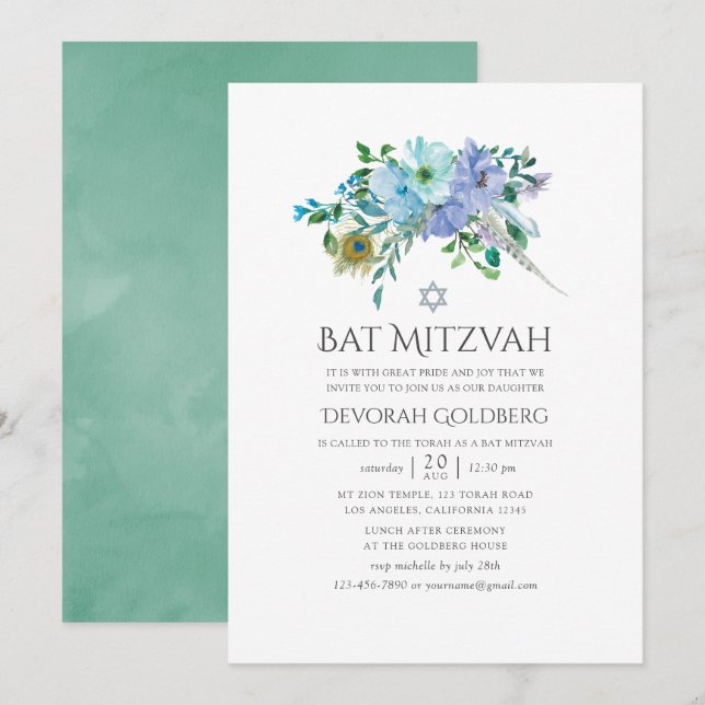 Convite Batem de Mitzvah Floral Boho Verde-Menta e Azul (Frente/Verso)