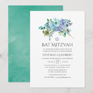 Convite Batem de Mitzvah Floral Boho Verde-Menta e Azul