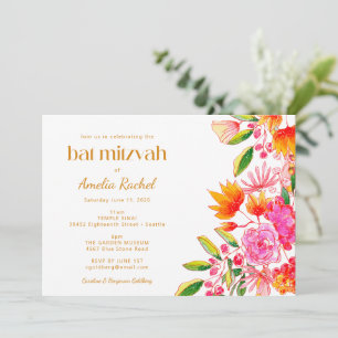 Convite Batem de Mitzvah Floral em Aquarela Rosa Laranja M