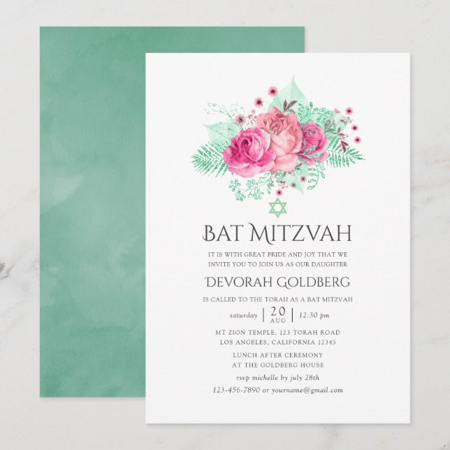 Convite Batem de Mitzvah Floral Rosa e Hortelã (Frente/Verso)