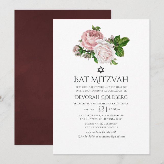 Convite Batem de Mitzvah Floral Rosa Velho e Borgonha (Frente/Verso)