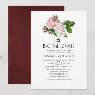 Convite Batem de Mitzvah Floral Rosa Velho e Borgonha