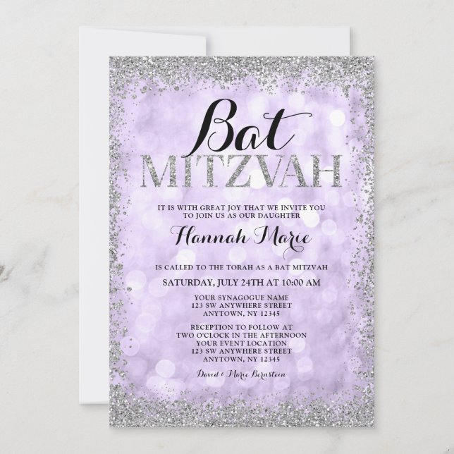 Convite Batem de Mitzvah Luzes Glitter Falso Prata Roxo (Frente)