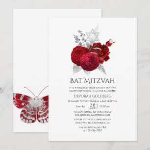 Convite Batem de Mitzvah Rosa Vintage Vermelha e Prata