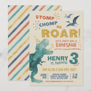 Convite Bater Pisar Rugir Aquarela Dinossauro Aniversário