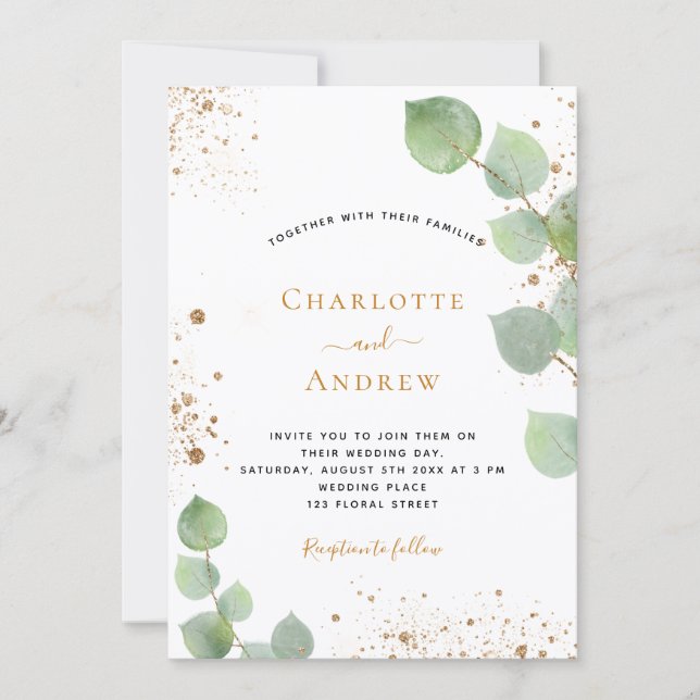 Convite Batida de ouro de eucalipto verde de casamentos (Frente)