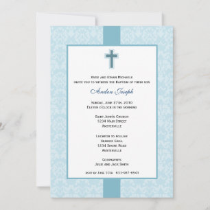 Convite Batismal Teal Damask.