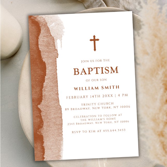 Convite Batismo Abstrato do Modern Boho Terracotta (Modern Boho Terracotta Abstract Boy Baptism Invitation)