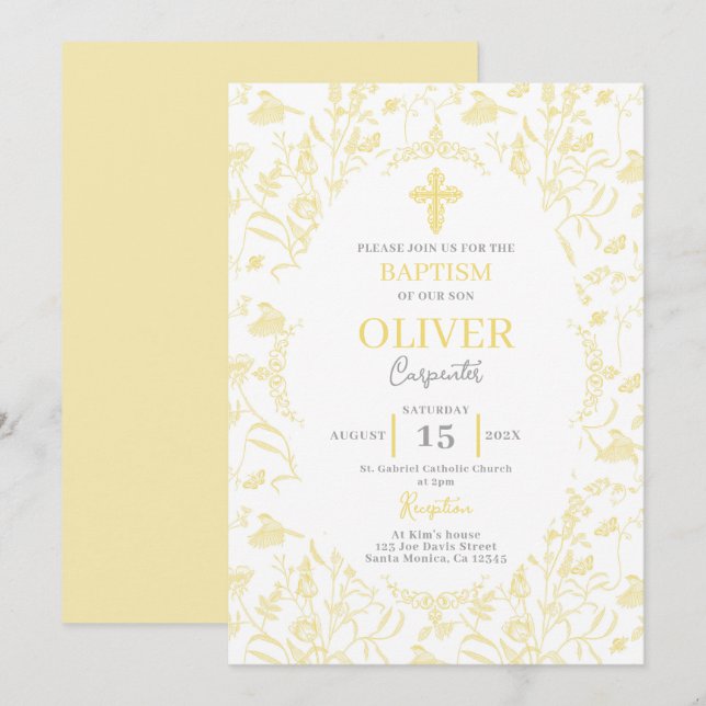 Convite Batismo amarelo-toile (Frente/Verso)