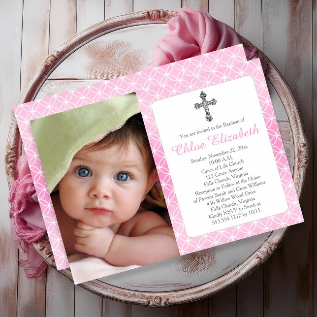 Convite Batismo | Anéis de Eternidade Menina Cruza Foto (Baptism Girl Eternity Rings Elegant Silver Cross Photo Invitation - Print and/or Digital Download)