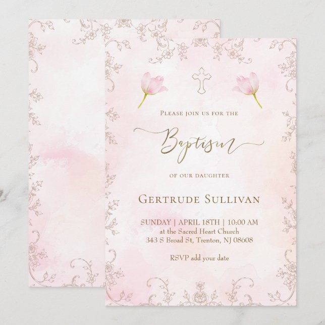 Convite batismo aquarela rosa (Frente/Verso)