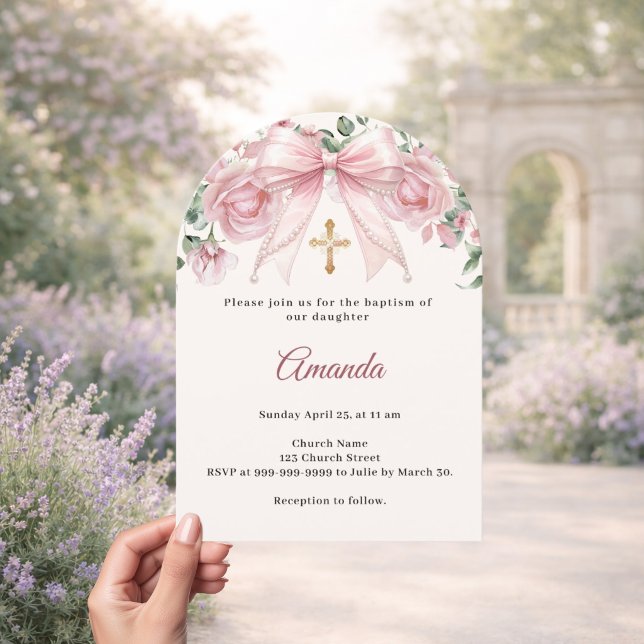 Convite Batismo Arco Cruz Menina Florais Marfim Rosa (Criador carregado)
