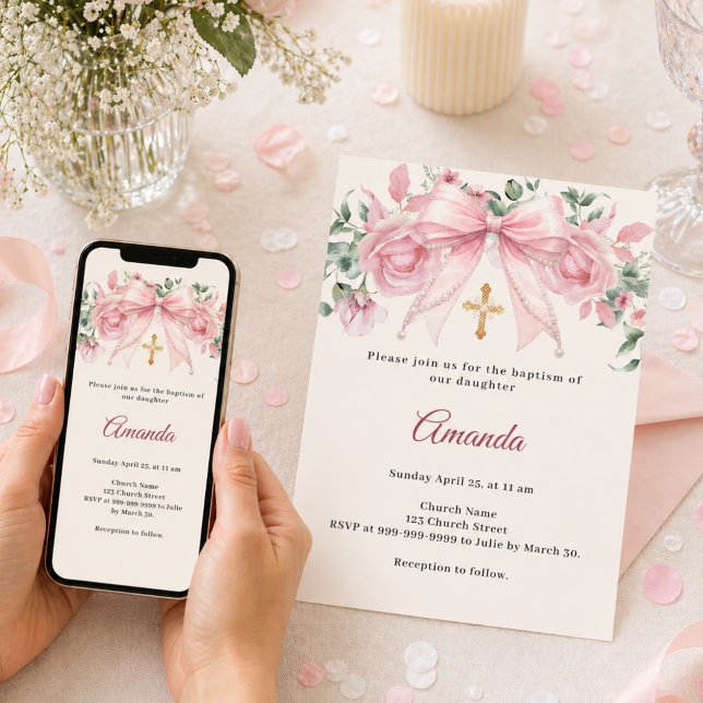 Convite Batismo Arco Rosa Florais de Marfim Menina Cruz (Criador carregado)