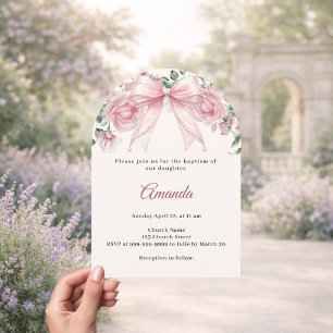 Convite Batismo Arco Rosa Marfim Florais Menina Elegante