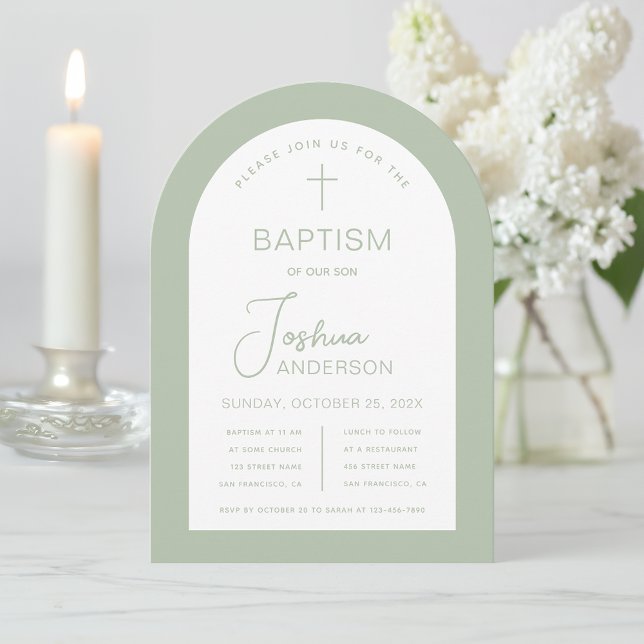 Convite Batismo Arco Sage Verde Moderno Script Crisma (Criador carregado)