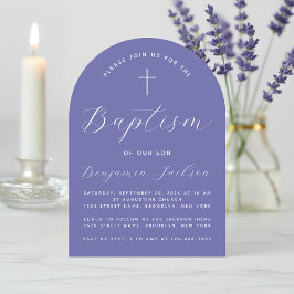 Convite Batismo Arco Violeta Simples Moderno Script & Cruz