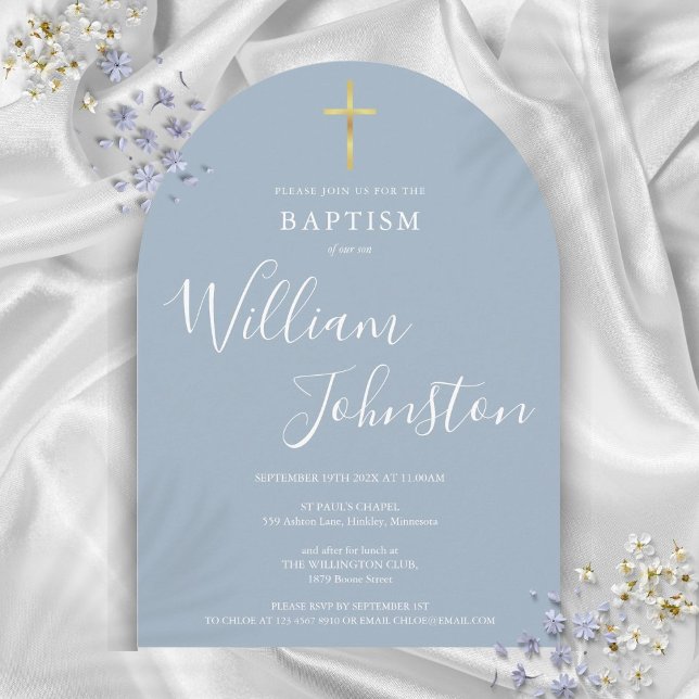 Convite Batismo Azul Arch Dourado com Cruzamento Dusty Chr (Gold Cross Dusty Blue Arch Baptism Christening Invitation)