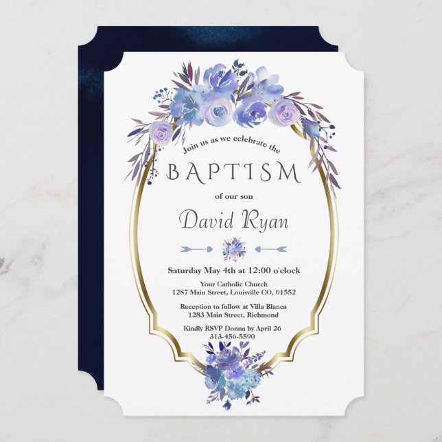 Convite Batismo azul-azul-Dourado-Floral-Marinho Real (Frente/Verso)