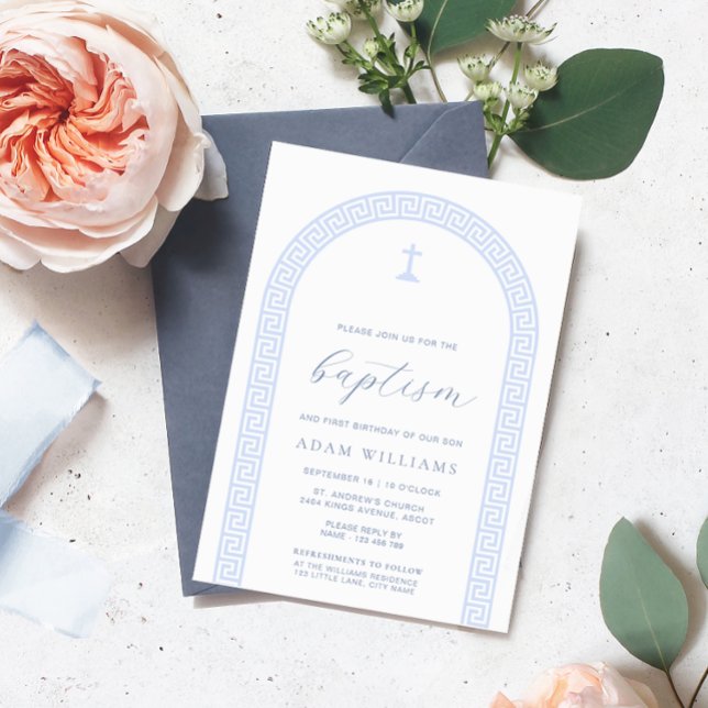 Convite Batismo Azul Branco da Arca-Chave Grega (Greek Key Baptism Invitation)