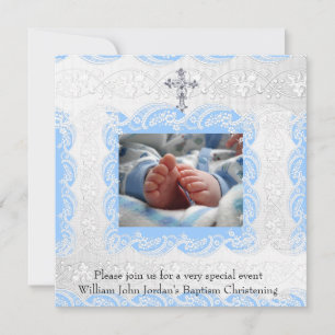 Convite Batismo Azul Branco Renda Jóia de Foto Cruz Menino