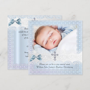 Convite Batismo Azul Branco Renda Jóia Foto Cruz Menino 2