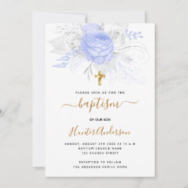 Convite Batismo azul claro floral branco elegante