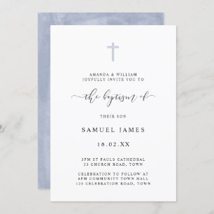 Convite Batismo Azul Clássico Minimalista Simples