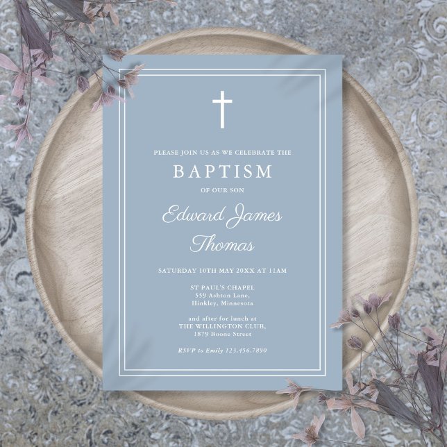 Convite Batismo Azul com Borda Elegante Moderna (Modern Elegant Border Dusty Blue Baptism Invitation)