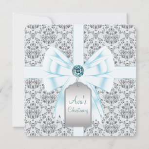 Convite Batismo azul do baptismo do bebê do damasco da