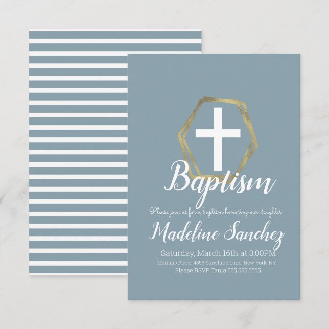 Convite Batismo Azul, Dourada Dedicação Cristal (Frente/Verso)