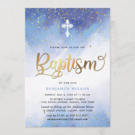 Convite Batismo Azul E Dourado Do Garoto De Aquarela