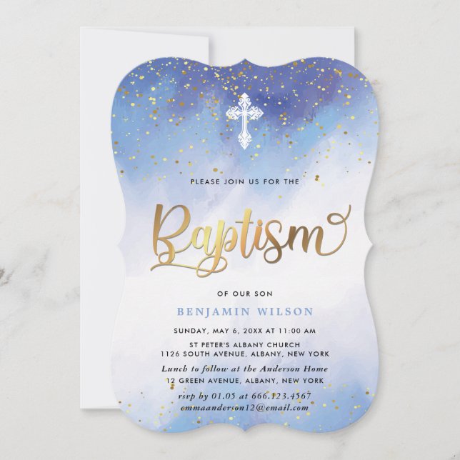 Convite Batismo Azul E Dourado Do Garoto De Aquarela (Frente)