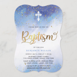 Convite Batismo Azul E Dourado Do Garoto De Aquarela