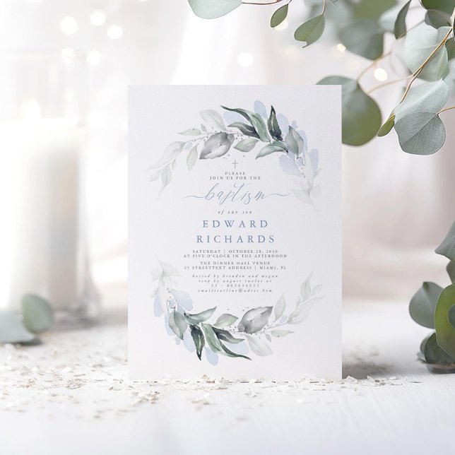 Convite Batismo Azul Elegante Moderno Elegante (Silver Greenery Baptism Invitations)