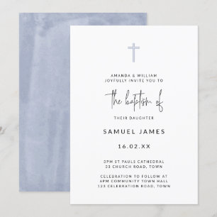 Convite Batismo Azul Escrito à Mão com Aquarela Moderna Mi