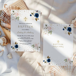 Convite Batismo Azul Floral Dourado Cruz Gêmeos Cor-de-ros