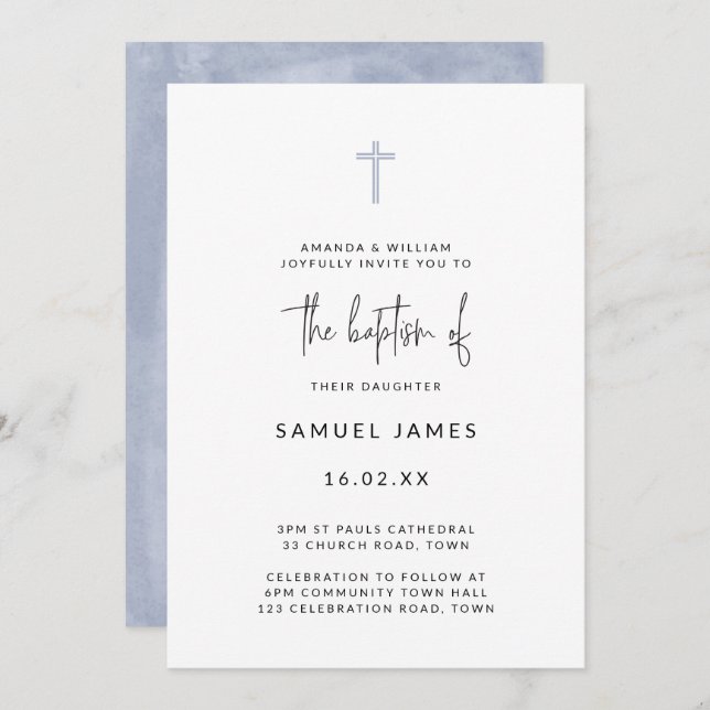 Convite Batismo Azul Mínimo Moderno Aquarela Escrito à Mão (Frente/Verso)