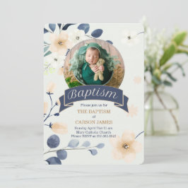 Convite Batismo Azul para Bebê Menino Blossomo Amarelo