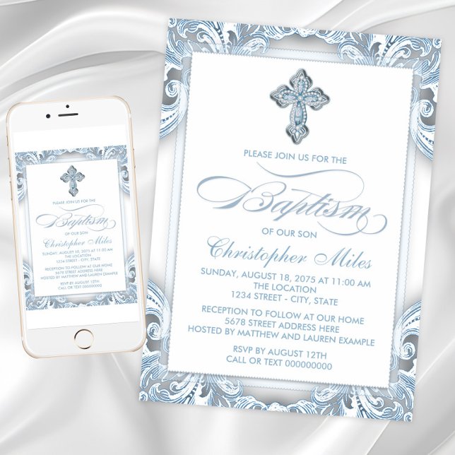 Convite Batismo azul-prata elegante (Blue and silver cross baptism invitation with script and cross on swirl back. Digital and print.)