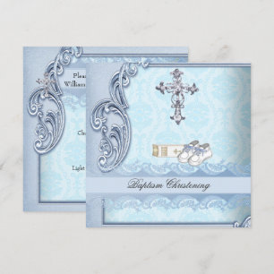 Convite Batismo Azul Turquesa Cruz Menino Damask batizado