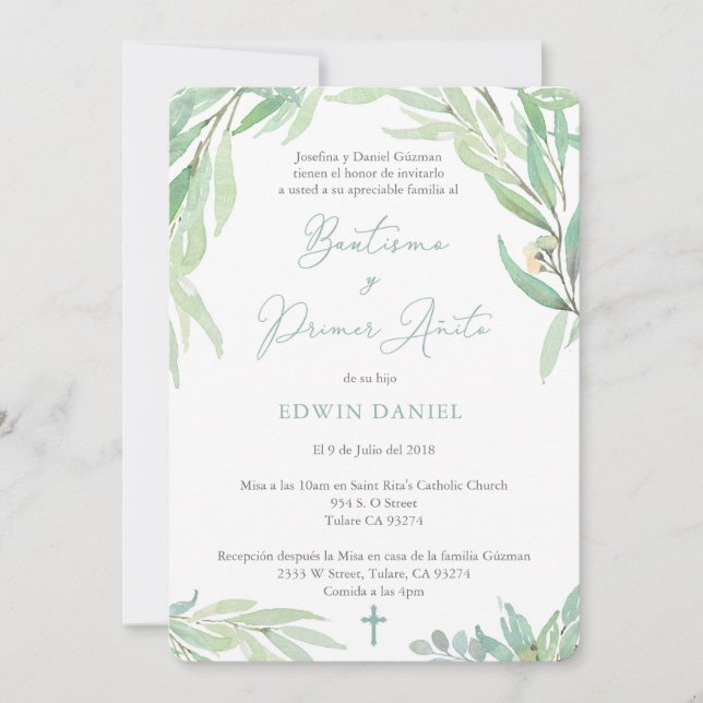 Convite Batismo Bautizo Boy espanhol e Primeiro Aniversári (Frente)