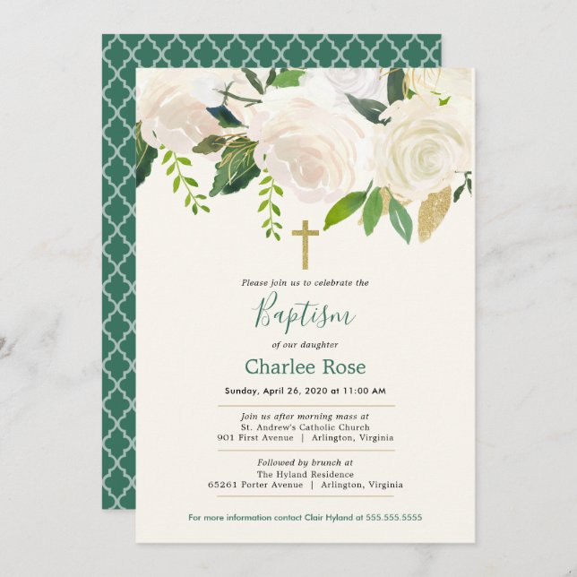 Convite Batismo bebê das rosas brancas e Brunch (Frente/Verso)