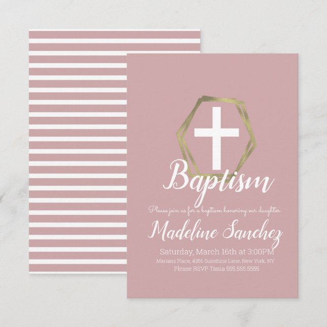 Convite Batismo Bege Rosa Dourado Dedicação Batizado (Frente/Verso)