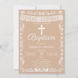 Convite Batismo Beige Papel Picado