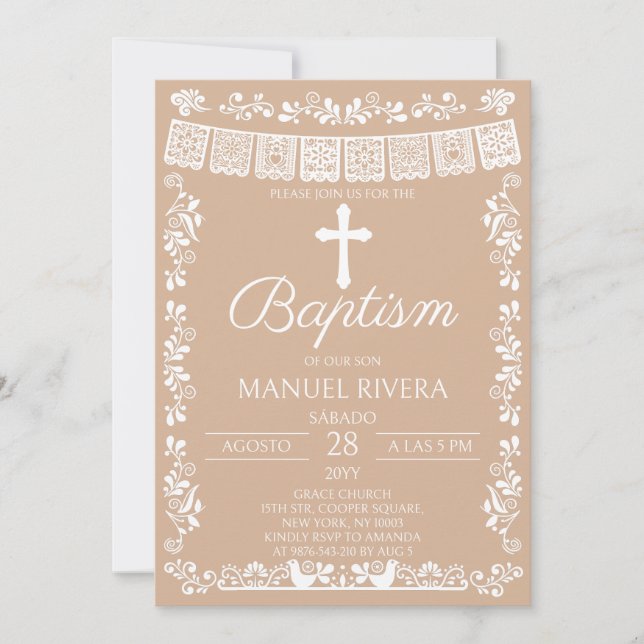 Convite Batismo Beige Papel Picado (Frente)
