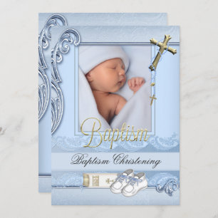 Convite Batismo Blue Dourado Cross Boy Christening 2