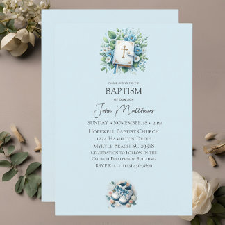 Convite Batismo Blue Floral Cross and Bíblia Boys