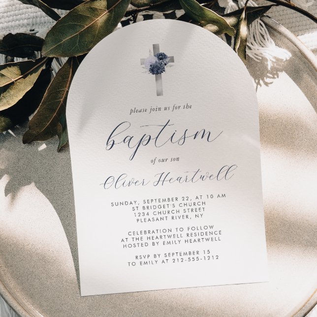 Convite Batismo Blue Floral Silver Cross Arch Boys (Criador carregado)
