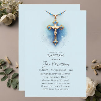 Convite Batismo Blue Religião Cross Boys